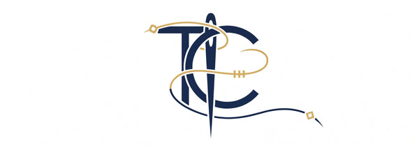 The logo for Threadcrafts, featuring a stylized navy blue 'TC' monogram with a gold thread wrapped through it, above the word 'Threadcrafts' in navy blue text, all on a solid white background.