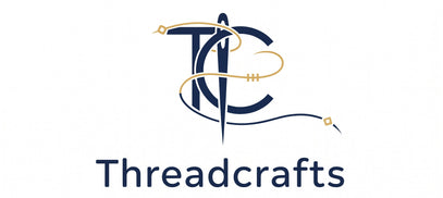 The logo for Threadcrafts, featuring a stylized navy blue 'TC' monogram with a gold thread wrapped through it, above the word 'Threadcrafts' in navy blue text, all on a solid white background.